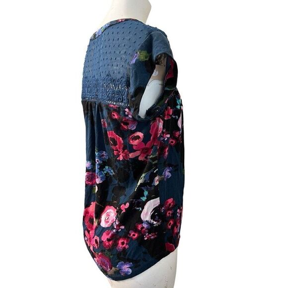 Daniel Rainn Ladies Small Dark Blue Floral Top Swiss Dot Chiffon Lace Blouse - Picture 5 of 7